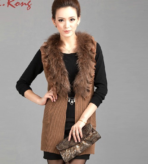 NEW ARRIVAL Womens real rabbit raccoon dog knitted fur vest Fur collars long vest knitting wool sweater coat