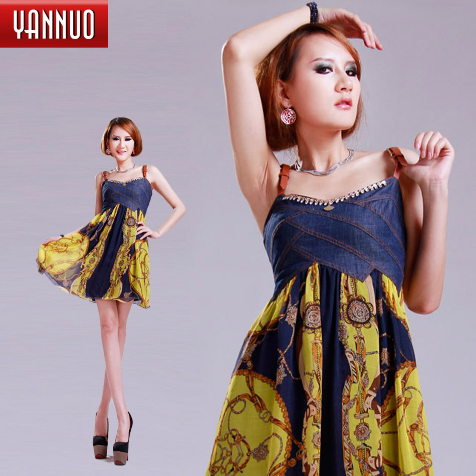 New arrival yannuo women's quality leather trend of the silk denim spaghetti strap one-piece dress ca6141