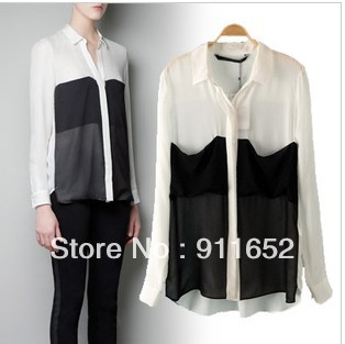 New Arrival ZAR@ Long Sleeve Color Block Chiffon Shirts, Ladies Casual Blouse