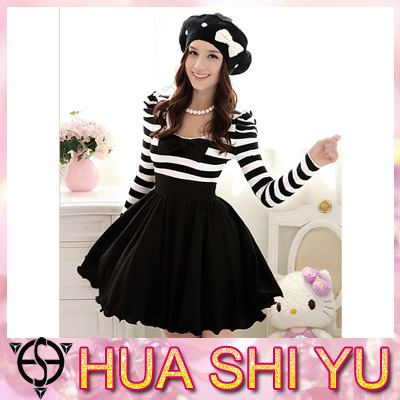 New arrivals Black and white stripe mosaic chiffon bow long sleevedress  FH-14