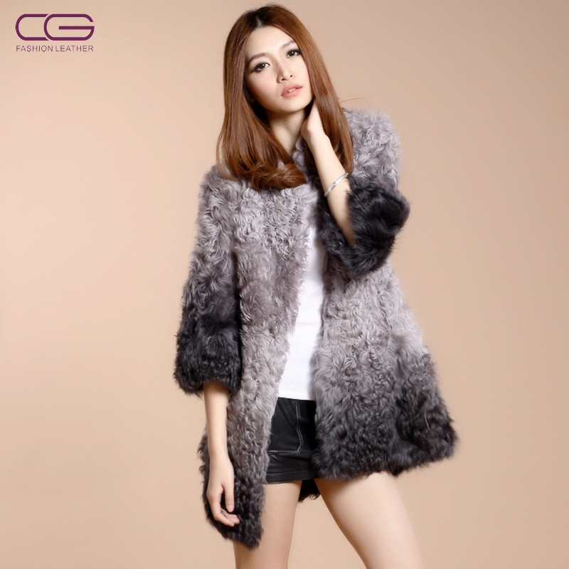 New arrivals elegant women lambwool three quarter flare sleeve jacket color gradient medium-long wool women's fur coat WC1929