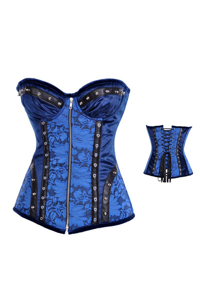 New Arrive! Charm lady sexy costumes lace floral bustiers,4111Blue Satin Rivet Corset With Cup