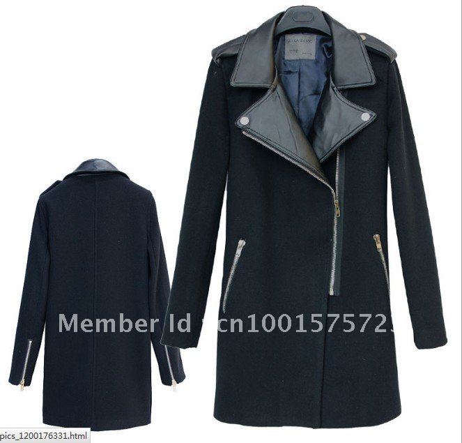 New Arrive Fashion Europe Women's Black Coat Overcoat Outwear With Leather collar dust coat Xmas Gift Free Shipping