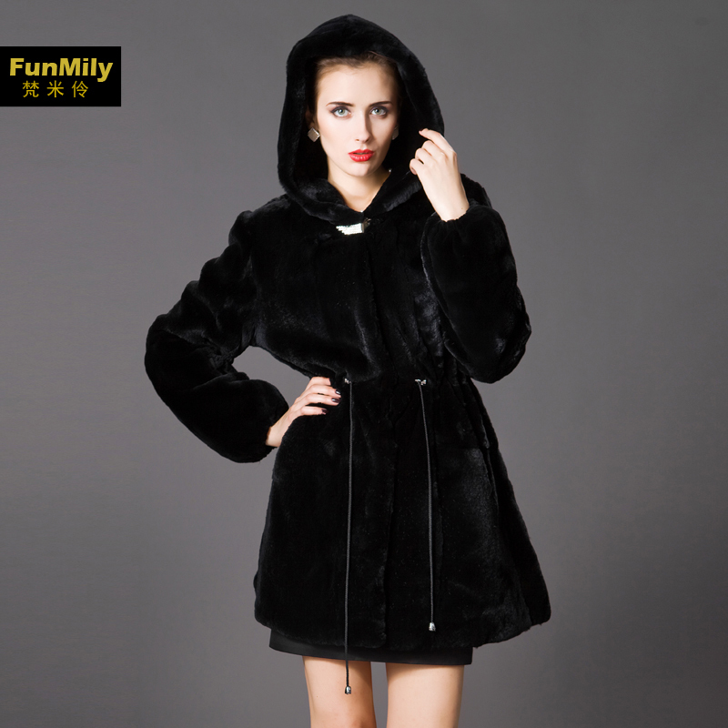 New arrive Fashion Ladies' Fur coat,Elegant quality 100% Rex rabbit coat,slim women's hooded fur outerwear Free shipping FM6420