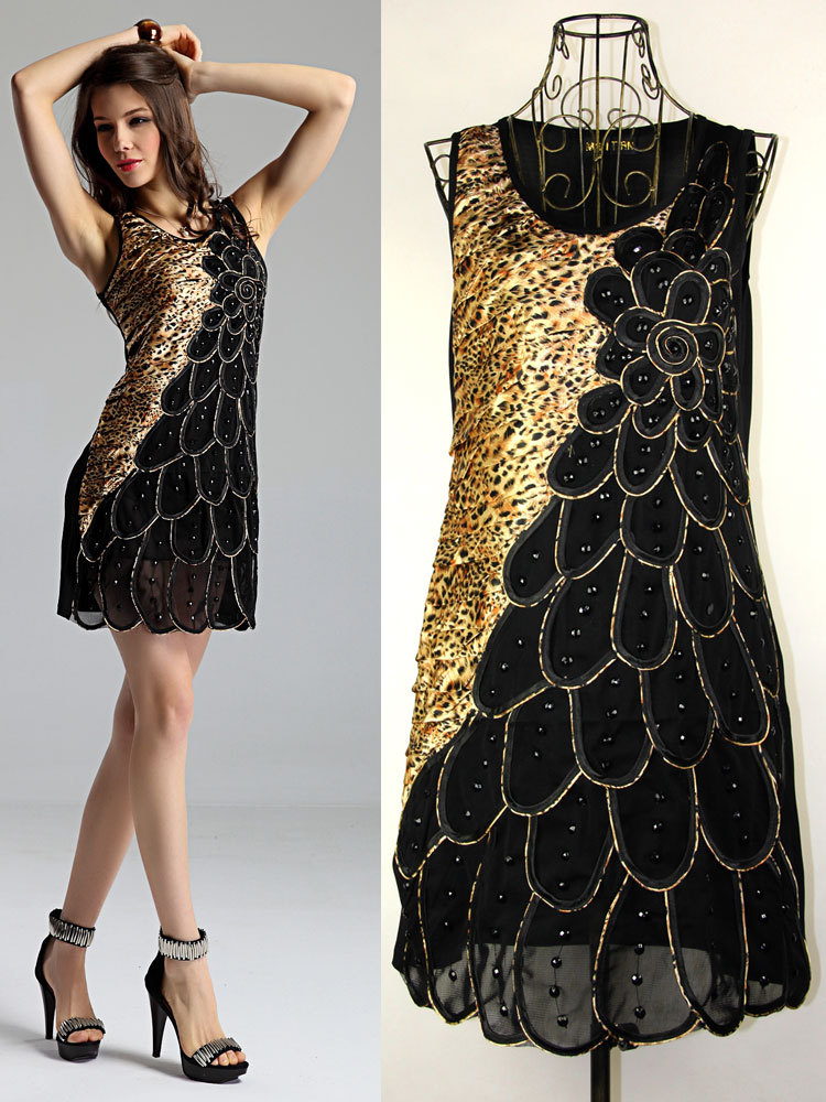 New Arrive Fasion Lady Women's Leopard Peacock Pattern Dress, Summer Wear Sleeveless Evening Clubwear Dress Free Shipping