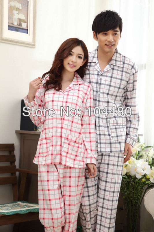 new arrivel 2013 knitted cotton spring pajamas sets full sleeves for couple lovers cute man woman nightware