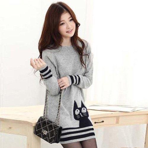 NEW autumn and winter, dropship black cat loose style longer ladies pullover knitwear sweater