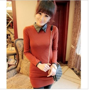 New autumn and winter sweet add velvet thermal basic peter pan collar long-sleeve dress