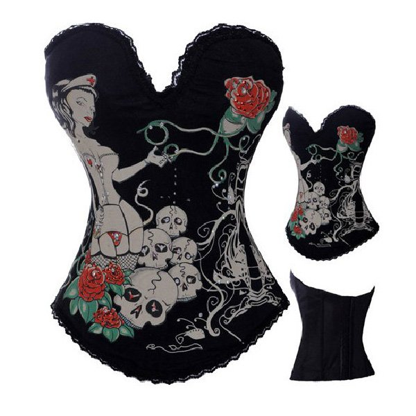 New Black Goth Punk Rock Hook Tattoo Boned Corset Sparrow Sexy Devil Skull Wings Chain S-XL