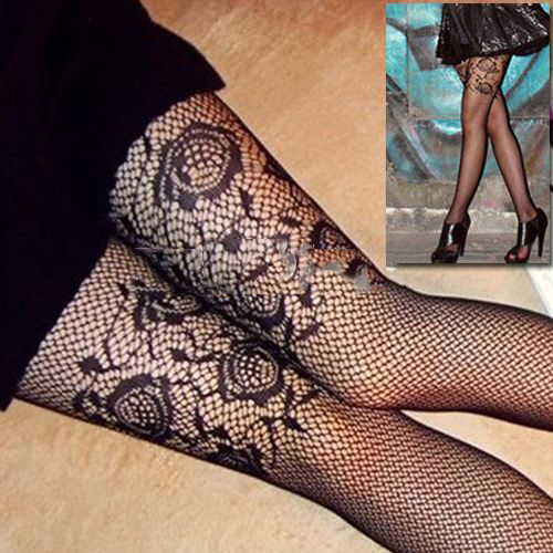 New Black Pantyhose Pattern Floral Lace Rose Fishnet Tights Stockings