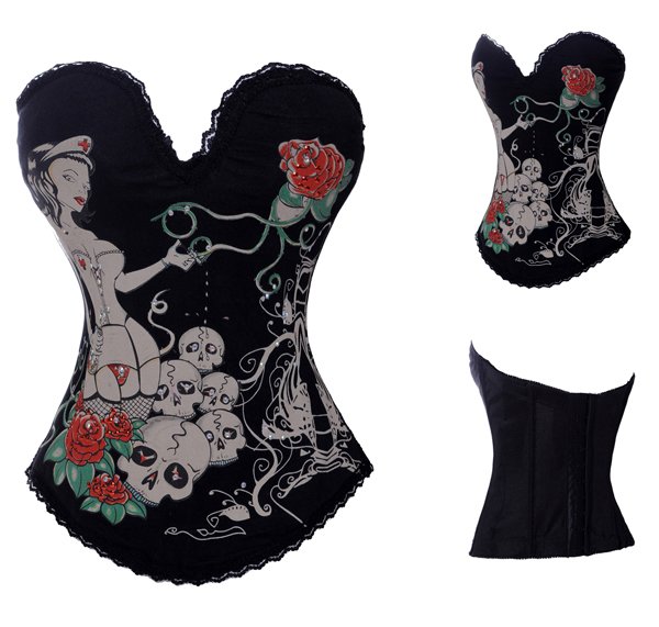 New Black Punk  Gothic  nurse ,rose and skull   Print Rhinestone Corset Sexy Lingerie Size S-2XL