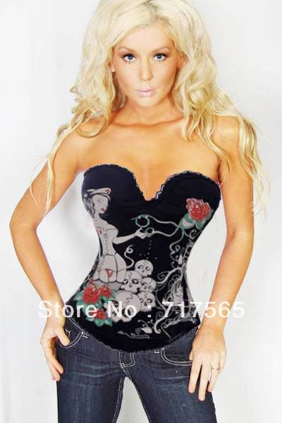 New Black Punk Gothic nurse ,rose and skull Print Rhinestone Corset Sexy Lingerie Size S-2XL