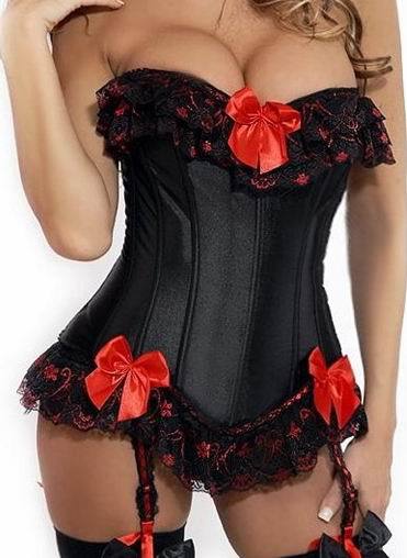 New Black  Satin Basque lace up boned corset busiter lingerie with lace trim and bows S-2XL