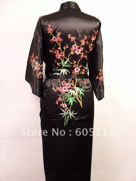 New Black Women's Satin Kimono Embroidered Robe nightwear SIZE M,L,XL,XXL,XXXL