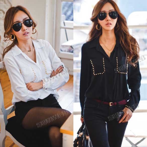 New Casual Fashion Ladies Blouse Long Sleeve Turn-down Collar Rivet Shirt free shipping 11065