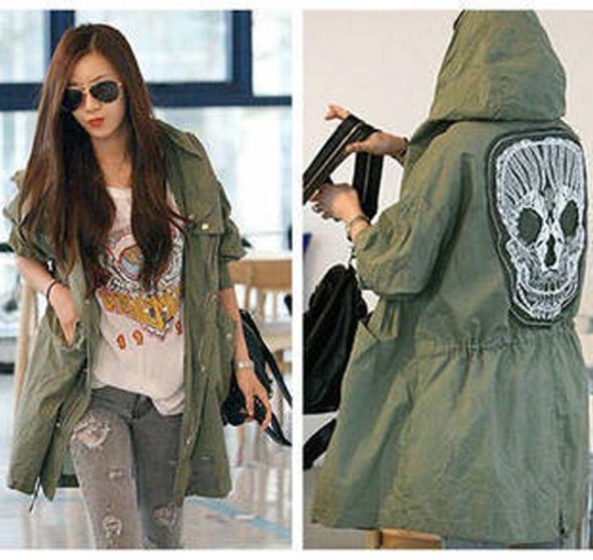 New Casual Women's Military Button Trench Skull Back Hooded Coat