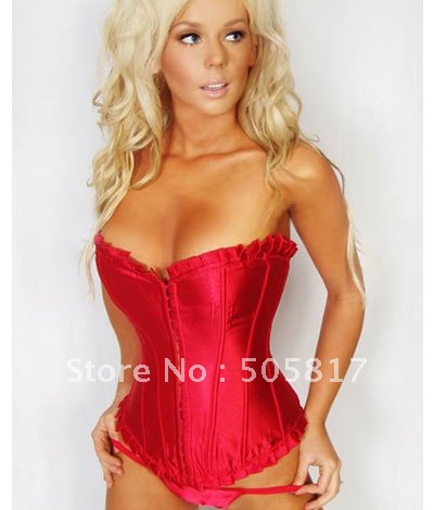 New Classic satin corset Sexy strapless overbust lingerie with G-String black red purple S M L XL  KC013