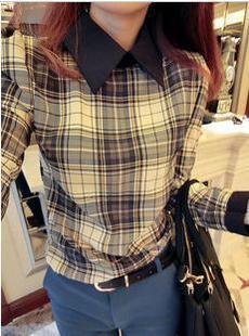 New color block decoration peter pan collar shoulder pads plaid shirt female top