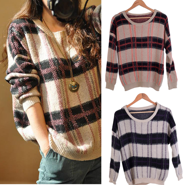 New Comfy Warm Wool knit bat-wing sleeve Lattice Loose Casual Round Neck Sweater Hit Color Blouse