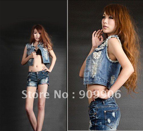 New Cowboy Womens Denim Vest Ladies Chic Jean Waistcoat Jacket free shipping