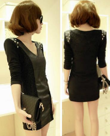 New cultivate one's morality sexy nightclub package hip leather skirt bud silk show thin render dress long sleeve