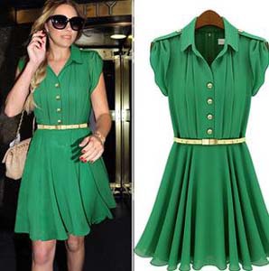 New Designer Brand Office Dresses Green Pleat Chiffon High Street Mid-Calf Dress with Belt Summer Dresses For Women 2013