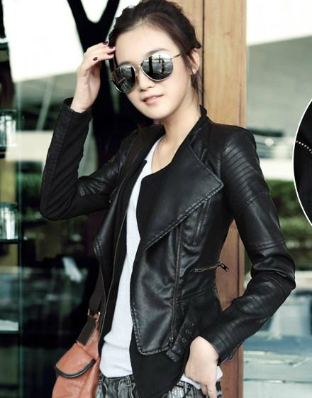 New Double-layer collar slim V-neck PU leather Jacket women's outerwear leather jacket coat