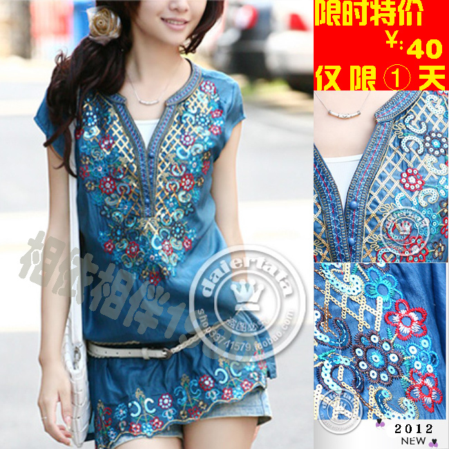 New dress 2013 bohemia dress embroidery plus size clothing V-neck short-sleeve slim shirt chiffon one-piece dress