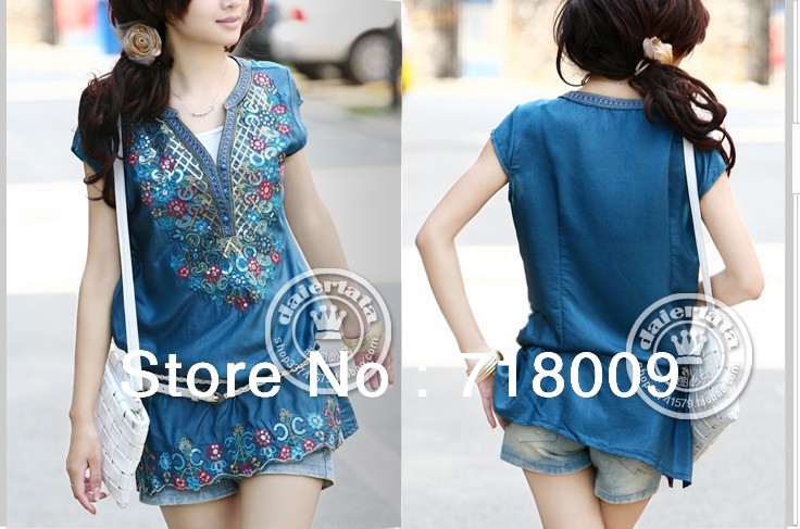 New dress 2013 bohemia dress embroidery plus size clothing V-neck short-sleeve slim shirt chiffon one-piece dress