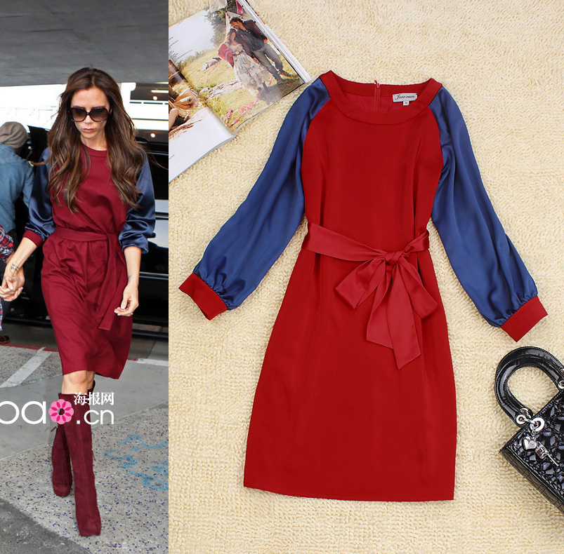 new dresses 2013 fashion spring and summer women beckham victoria colorant match lacing one-piece dress