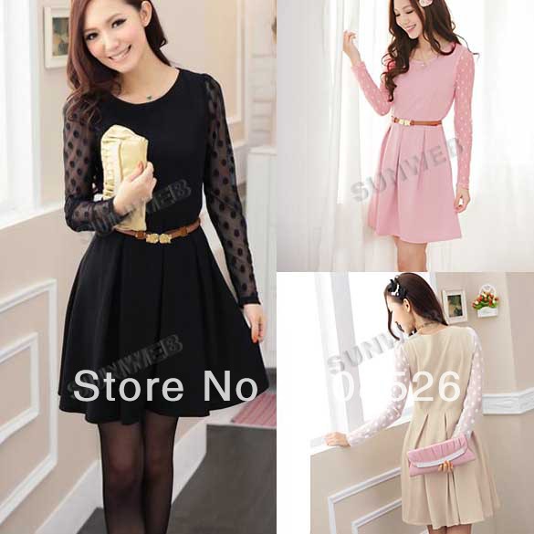 New Elegant Fashion Lady Women's Wave Point Mesh Long Sleeve Dress 3 Colors L,XL free shipping 9004