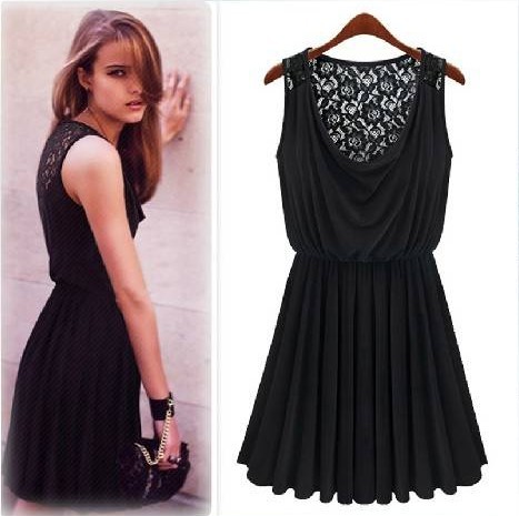 New European Style Fashion Sexy Black Sleeveless Lace Back Milk Silk Pleated Knee-Length Dresses Free Shipping N6395