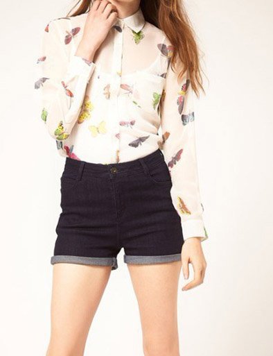 New European style gorgeous butterfly pattern chiffon long-sleeved shirt