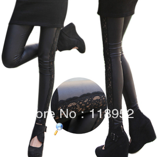 New Fahion Knitting  black pants women faux leather leggings sexy elastic  patchwork Lace tight pants  FREE SHIPPING