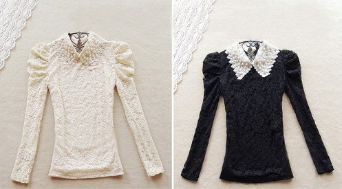 New Fall Women sweet elegent lace Puff long sleeve undershirt  blouse with pearl Free Shipping 231