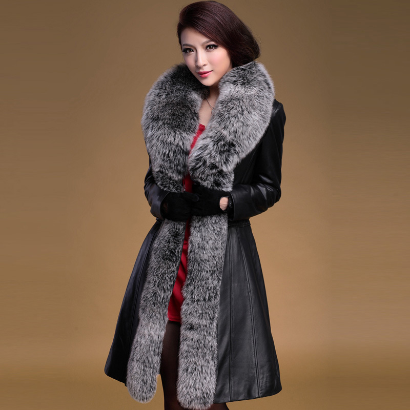 New! famous brand high quality fox fur 100% sheepskin genuine leather down coat leather clothing female overcoat free shipping