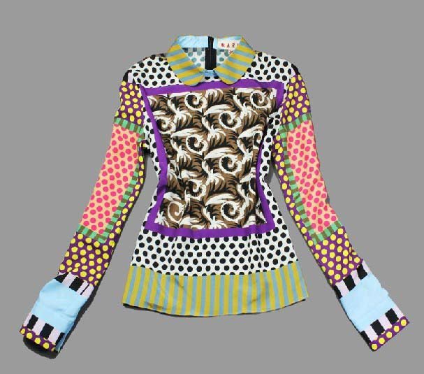 New Fashion 2012 Lady's Europe Stylish Pots Printed Blouses Women Top Quality Long Sleeve Vintage Colorful Blouse/Shirts SS12018