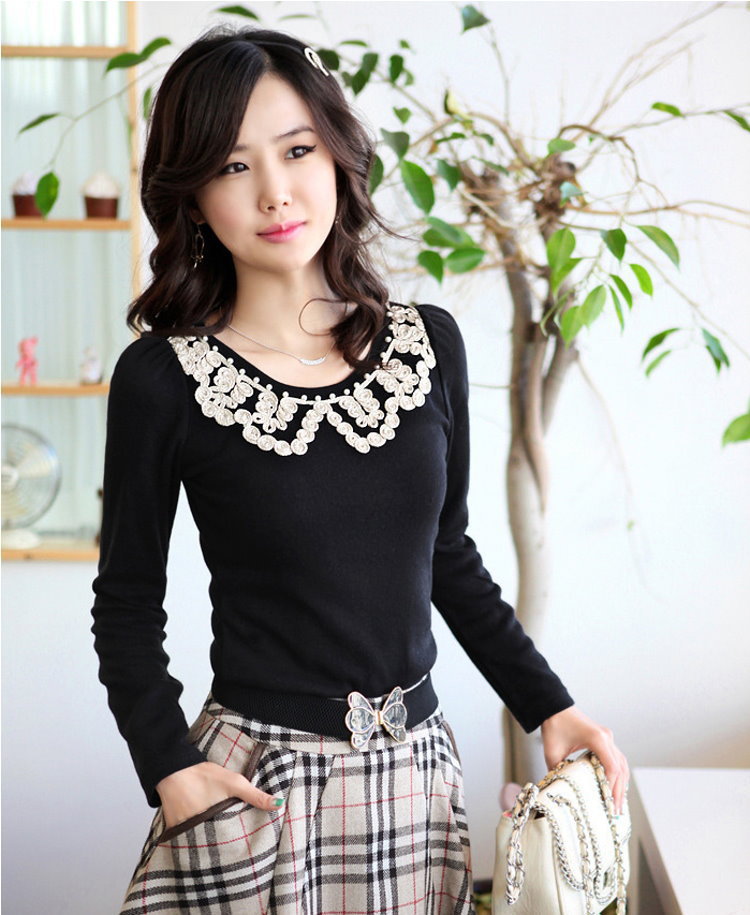 New Fashion 2013 Free Shipping Autunm Cotton Long Sleeve Flower Collar Casual Top Sweater For Women