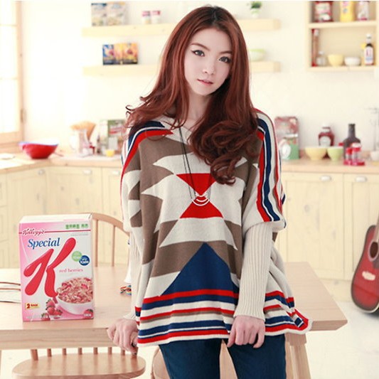 New Fashion 2013 Free Shipping Long Sleeve Loose Geometry Print Korean Top Casual Sweater For Women