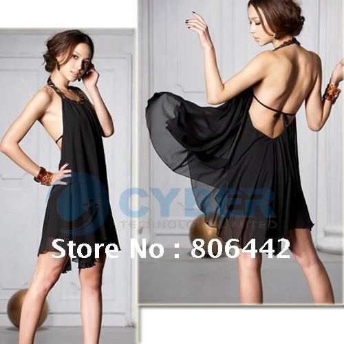 New fashion Backless Jewel Black Halter Chiffon Dress,collarband inlaid ladies' skirt + Free Shipping