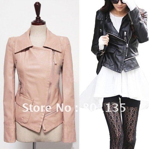 New Fashion Black/Light Pink Women's Coat Oblique Zipper Coat PU Leather Jacket Free Shipping WPU01