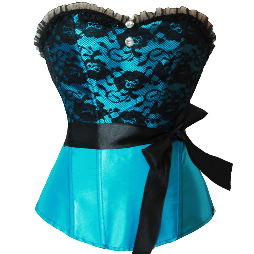 New fashion boned blue satin with black lace overlay corset bustier  lace up black waistband dropship  S-2XL