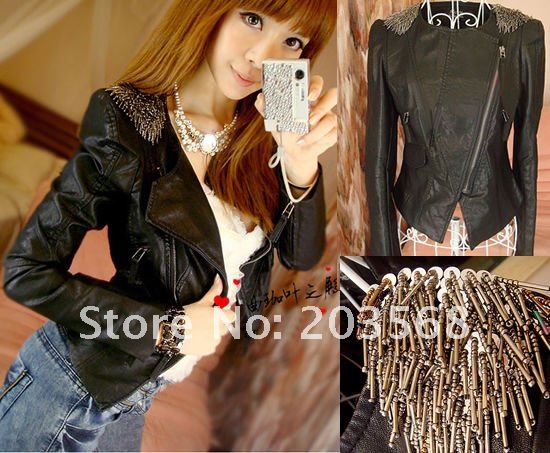 New Fashion Charming Women PU Leather Epaulet Slim Jacket Coat Black Outerwear