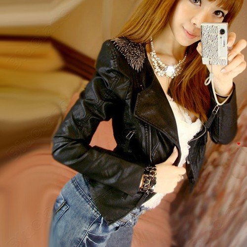 New Fashion Charming Women PU Leather Epaulet Slim Jacket Coat Black Outerwear Fur Clothing