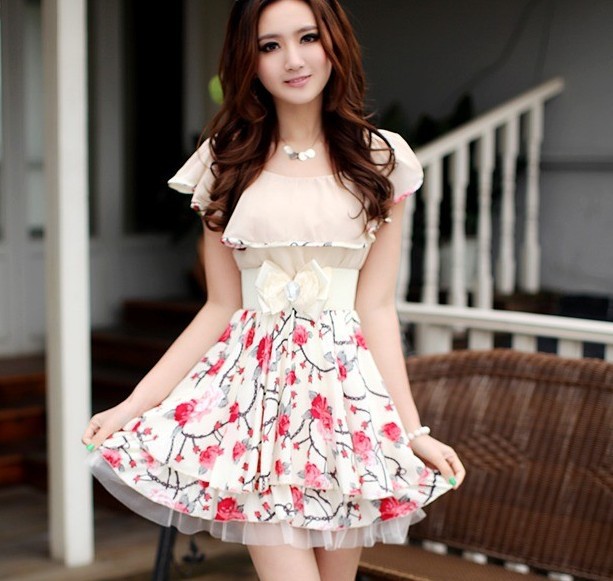 New Fashion Chiffon Short-sleeve Dots Polka Waist Mini Dress (with blet) free shipping!!