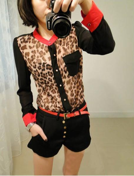 New Fashion Design Women Long Sleeve Leopard Chiffon Top shirts