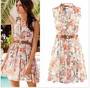 new fashion elegant v-veck flower print dress chiffon sleeveless slim casual with free belt Brand design Free shippingF38