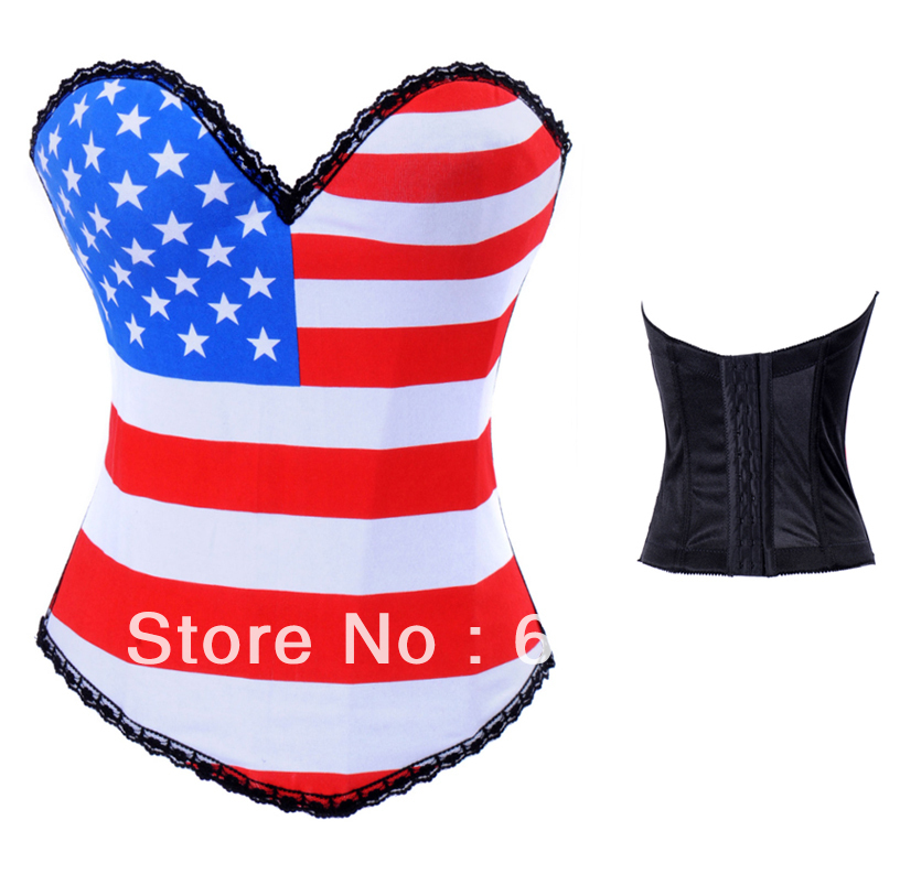 New fashion ,Goth Punk Rock Hook US Flag Boned Corset Bustier with hook eye on back S-2XL