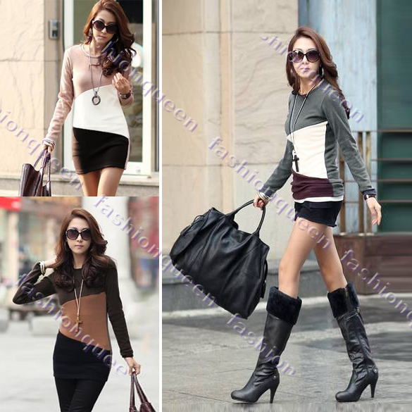 New Fashion korean women's long sleeve T-shirts round collar  mini dress 3 colors 10200