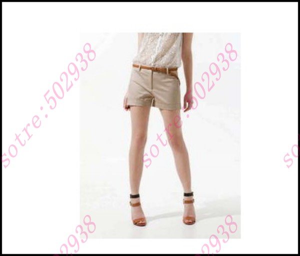 New Fashion Lady Shorts Cotton Solid Color Pleated Front Zipper Fly Hot Short Pants Whit Belt Freeshipping